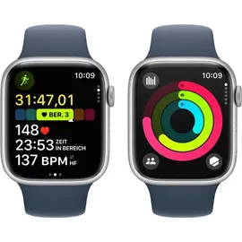 Apple Watch Series 9 GPS 45 mm Aluminiumgehäuse silber, Sportarmband sturmblau M/L