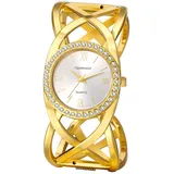 JewelryWe Damenuhr Offen Armreif Uhr: Gold Analog Quarzuhr Damen Edelstahl Breit Spangenuhr Elegant Charme Manschetten Uhr mit Strass Lünette & Weiß Römische Zahlen Leicht Lesbar Zifferblatt