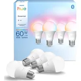 Philips Hue Essential Smart LED A60 Lampe, Weiß und Farbiges LED Leuchtmittel, E27 Fassung, 8W, 2200K-6500K, 806 Lumen LED Licht, dimmbar, kompatibel mit Alexa, Google Assistant & Apple Home, 4er Pack