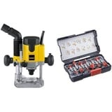 DeWalt 1.100 Watt Oberfräse (Leerlaufdrehzahl 8.000-24.000 min-1, Fräskorbhub 55 mm, max Fräs-ø 36 mm, Vollwellenelektronik, Sanftanlauf, inkl. Zubehör) + Fräser-Set