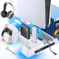 OIVO PS5/PS5 Slim Ständer mit 3 stufig Lüfter und RGB Licht, PS5 Standfuß mit 4 USB Ports/PS5 Controller Ladestation/Headset Halter/Remote Steckplatz/14 Spiele Aufbewahrung für PS5 Zubehör