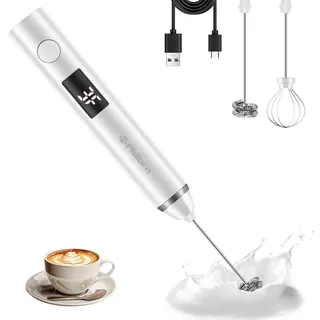 Philorn Elektrischer Milchaufschäumer Stab USB-C aufladbar mit LCD-Batterieanzeige -2 Aufsätzen, 3 Stufen, Hand-Milchschäumer Wiederaufladbar, Akku, Ideal für Kaffee, Latte, Cappuccino, Schokolade