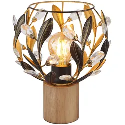 Tischleuchte Beistelllampe Nachttischlampe Wohnzimmerlampe Holz Gold Kristalle