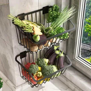 Wandmontiertes Obst- Und Gemüseregal, 2 Etagen Hängekorb für Aufbewahrung, Brotständer für Küche, Edelstahl, Schwarz