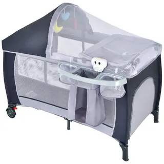 Costway 4 In 1 Klappbares Reisebett & Babywiege & Wickeltisch & Laufstall Mit Schaukelfunktion, Inkl. Spieluhr, Spielbogen, Wickelauflage, Matratze, Windel Organizer Und Tragetasche Grau