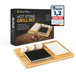 Muvell Hot Stone Granitstein Heißer Stein Grill Set 50x30x5 cm Bambusbrett inkl. Teller + 3 Beilagen-Dipschalen (Weiß, 7 - Teilig)