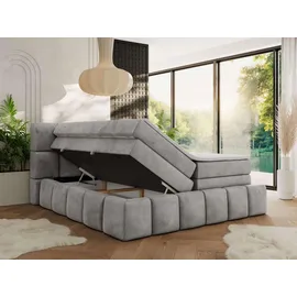 MKS Meble MKS Boxspringbett 180 x 200 mit bettkasten NIRA KING, Polsterbett 7 Zonen Multipocket-Matratze und Topper, Doppelbett - Hellgrau Velvet - H3 - Hellgrau