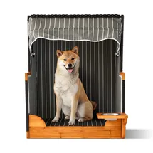 Relaxdays Hundestrandkorb, Rattan, mit Napf, Hundesessel mit Dach, HBT: 95x75x65 cm, für Garten & Terrasse, Holz, grau