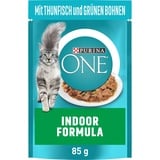 PURINA ONE Indoor Formula Katzenfutter nass, zarte Stückchen in Sauce für Hauskatzen, mit Thunfisch, 26er Pack (26 x 85g)