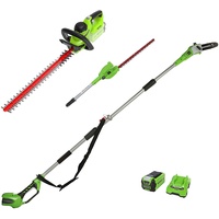 Greenworks Tools Akku Teleskop Heckenschere Kettensäge Elektro 2 in 1 40V + Akku Heckenschere 40V 61cm Schnittlänge