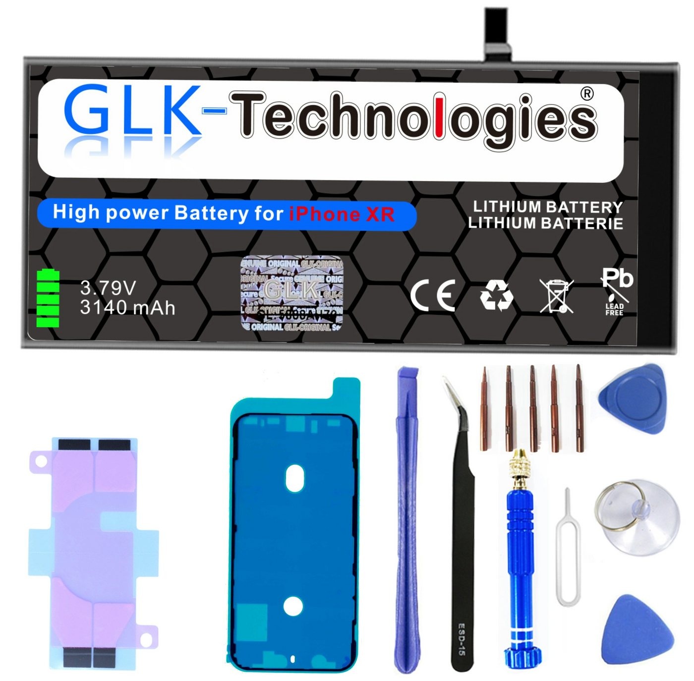 GLK-Technologies High Power Ersatzakku für Apple iPhone XR mit Öffnungswerkzeug Smartphone-Akku 3140 mAh (3,8 V)