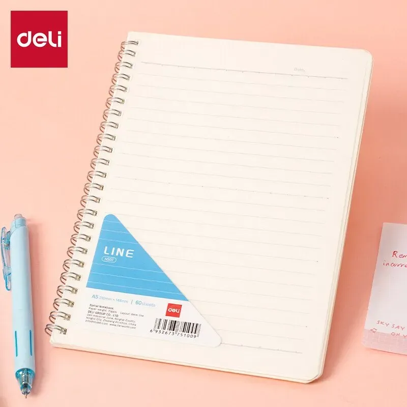 Deli A5 Spiralblock mit PP-Umschlag: 60 Seiten 70g/m2 Papier, 8-Linien-Format - Perfekt für Schule & Arbeit, 4er-Pack