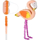 Relaxdays Pinata Flamingo, mit Stab & Maske, Partypinata Kinder, Geburtstag, zum Befüllen, HxBxT: 81 x 44 x 8 cm, bunt