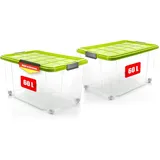 BigDean 2 Stück 60 L Aufbewahrungsbox mit Deckel groß limegrün - stapelbare robuste Box BPA-frei - rollbare Stapelbox - Germany