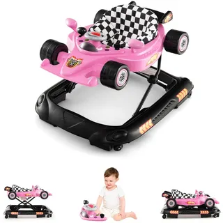 LIFEZEAL 4 in 1 Lauflernhilfe Baby, Höhenverstellbar & Klappbar Babywalker, Musikalische Lauflernhilfe mit abnehmbarem Spielzeug, Laufwagen mit bequemer Sitz, Universalräder, Ab 7 Monate (Rosa)