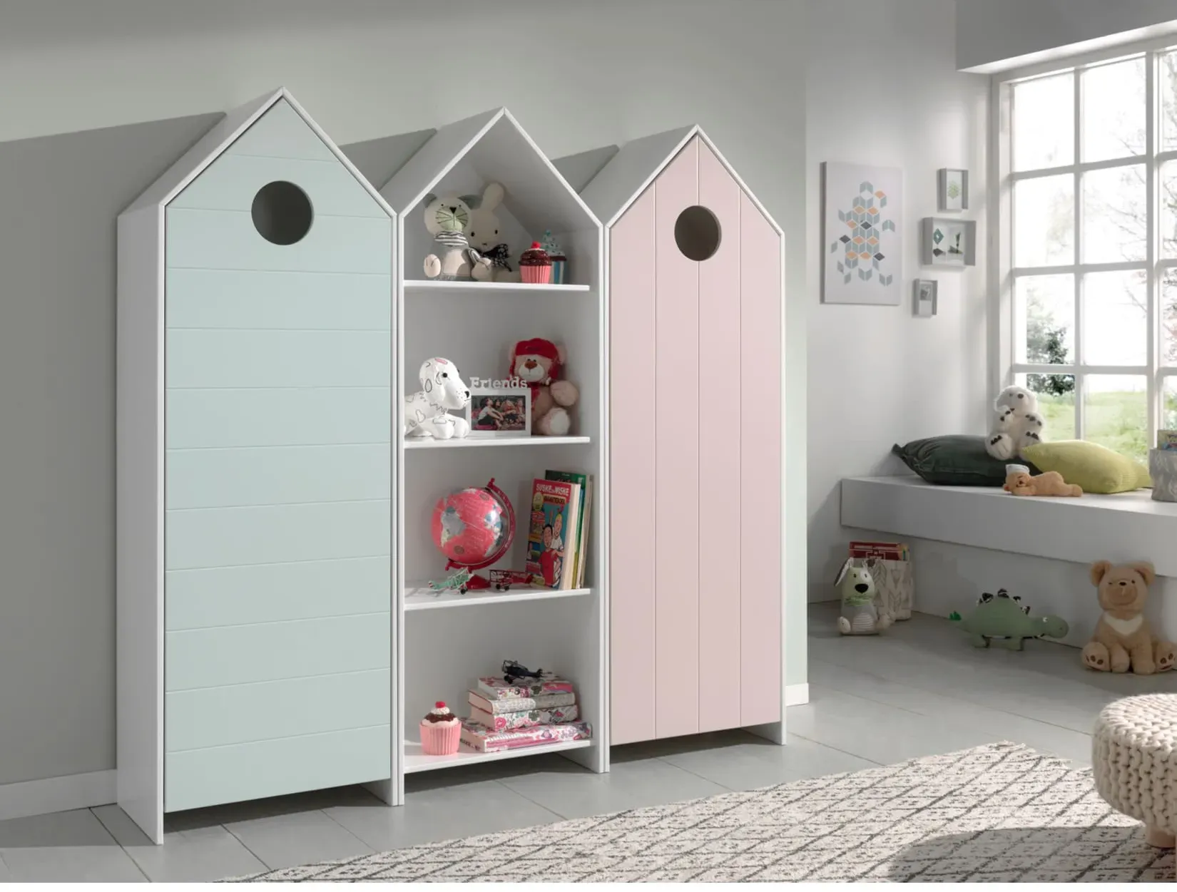 Vipack CASAMI Set 3-teilig - 1x Schrank 1-türig mit Front in Pink, 1x Regalschrank, 1x Schrank 1-türig mit Front in Mint