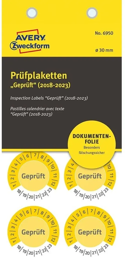 400x Prüfplaketten Geprüft 2018-2023 30mm Gelb Folie