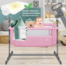 Kesser KESSER® Zustellbett Hubi 3in1 Baby Beistellbett Reisebett Babybett mit weich Matratze, mit Rollen Kinderbett, 5-fach Höhenverstellung, Faltbare Seitenwand für zu Hause und unterwegs