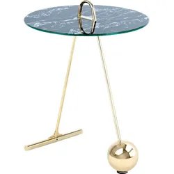 Beistelltisch KAYOOM "Pendulum 525, mit runder Tischplatte", schwarz (gold, schwarz), B:46cm H:60cm T:46cm, Stahl, Glas, Tische, Marmoroptik, Gestell im Pendel-Design, praktisch tragbar
