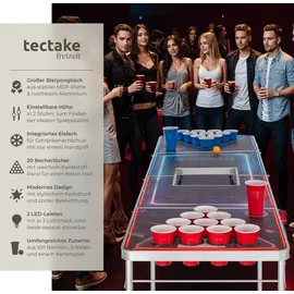 Tectake tectake® Bierpongtisch, aus Aluminium, mit Eisfach, Becherlöchern, LED-Beleuchtung, bodenschonende Kunststofffüße, inklusive 100 Bechern, 6 Bällen und Kartentrinkspiel