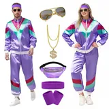 yecwkaz 80er 90er Jahre Outfit Herren 80er Jahre Trainingsanzug Vintage Men's Kostüm mit Accessory 90er Jahre Outfit für Carnival Mottoparty Sports Lila-XL