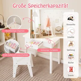 Costway 2 in 1 Kinder Schminktsich mit Hocker, Frisiertisch mit beleuchtetem Spiegel, Schublade & Schmuck-Organizer, Kosmetiktisch Prinzessin aus H... - Weiß