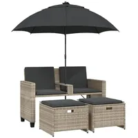 vidaXL Gartensofa 2-Sitzer Sonnenschirm und Hocker Hellgrau Polyrattan