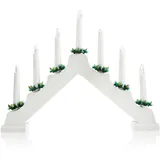 COM-FOUR® LED Schwibbogen als Weihnachtsbeleuchtung - Kerzenbrücke mit 7 LEDs - Lichterbogen Pyramide aus Holz - Fensterleuchter mit Timer-Funktion (01 Stück - 7 LEDs Holz weiß)
