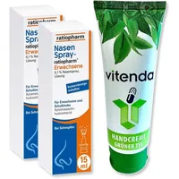 Nasenspray Ratiopharm 2x15ml inclusive einer Handcreme von vitenda - die zuverlässige Lösung bei Schnupfen mit verstopfter Nase, befreit schnell und effektiv
