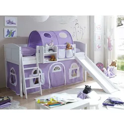 Kinderbett in Weiß und Lila Massivholz und Webstoff