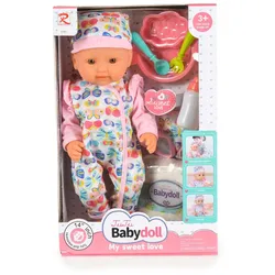 Moni Kinderpuppe 36 cm Mütze Pyjama Besteck Schüssel, Löffel, Gabel, Fläschchen rosa