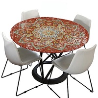 Morbuy Tischdecke Outdoor Rund 180 cm, Elastisch Rund Abwaschbar Tischdecken Wasserabweisend Lotuseffekt Garten Tischdecke Rot Mandala Table Cloth, Ideal für 160cm-170cm