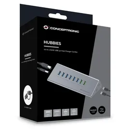 Conceptronic HUBBIES18G 10-fach Kombi-USB 3.0-Hub und Ladegerät mit 60W, 2-in-1 USB-C USB-A Kabel, USB 3.2 Gen 1