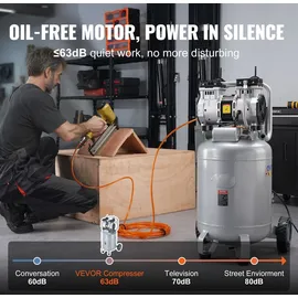 Vevor Luftkompressor 49L Flüsterkompressor 2HP Luftpumpe ölfrei 8bar Kompressor Einphasig Geräuschpegel ≤63dB Ideal zum Aufpumpen von Reifen Autoreparaturen Malerarbeiten Holzarbeiten