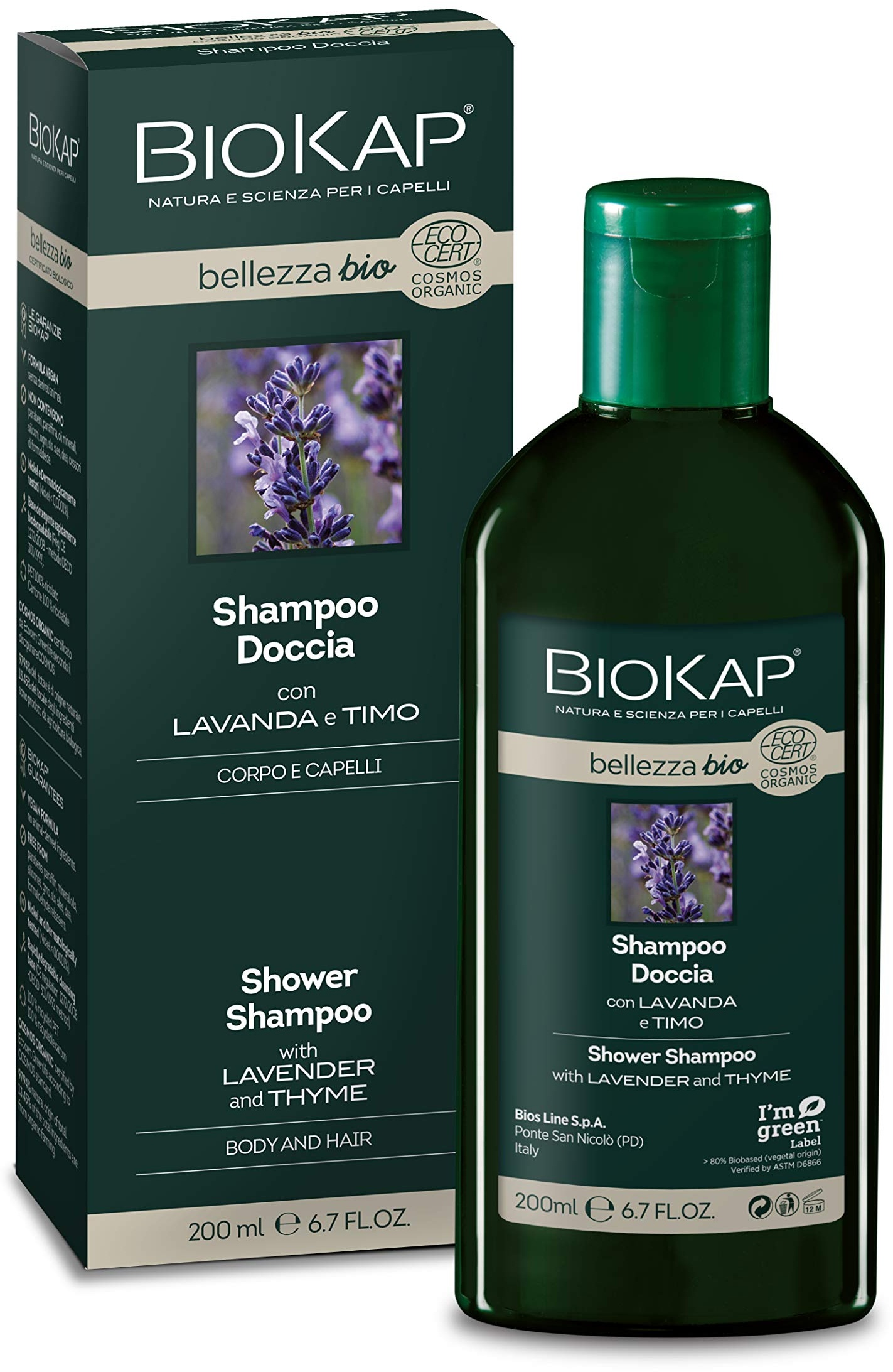 BIOKAP BIO BELLEZZA 2 in 1 Shampoo & Shower Gel 200ml | mit Thymian - Lavendel - Reisproteine - Weizenproteine - Bio-Kornblumenwasser - VEGAN - ohne Silikone - ohne Parabene