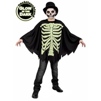 Metamorph Kostüm Glow in the Dark Skelett Poncho, Schwarzer Überwurf mit fluoreszierendem Knochenaufdruck schwarz 128-140