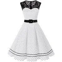 AXOE Damen Rockabilly Kleid 50er Jahre Vintage Festlich Elegant Gürtel Weiß mit Schwarz Gepunktetes, Gr.46, 3XL - 3XL