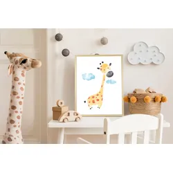 Bild mit Rahmen QUEENCE "Niedliche Giraffe", gelb (farbe rahmen: natur, braun, beige, farbe bild(er): gelb), B:40cm H:50cm T:1,5cm, Plexiglas, Holz, Bilder, HD Premium Posterdruck mit Echtholzrahmen