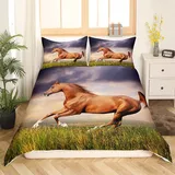 Pferde Bettwäsche 155x220 Mädchen Braun Galoppierender Pferde Bettwäsche Set 3D Bauernhof Tier Gedruckte Bettbezug für Kinder Frauen Sonnenuntergang Landschaft Weide Natur Bettbezug 2 Kissenbezüge
