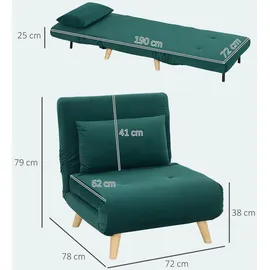 Homcom 3 in 1 Schlafsessel, Schlafsofa mit Bettfunktion, klappbarer Relaxsessel mit Verstellbarer Rückenlehne Liegestuhl in Samtoptik, Dunkelgrün