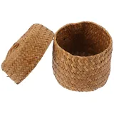 Angoily Handgeflochtener Seegraskorb Mit Deckel Mini-Blumenkorb Runde Kleine Seegrasbox Runder Seegras-Aufbewahrungskorb Schreibtisch-Aufbewahrungskorb Mini-Geschenkverpackungsbox Für