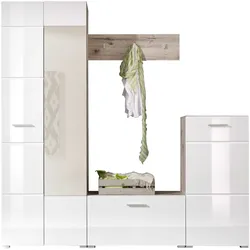 Kompaktgarderobe HBZ "SIXX Weiß Hochglanz, Flurgarderobe mit Spiegel, BxHxT 195x195x36 cm", weiß (sandeiche, weiß hochglanz tiefzieh), B:195cm H:195cm T:36cm, Holzwerkstoff, Schränke, Mit Hochschrank mit Spiegel, Bank, Paneel und Kommode