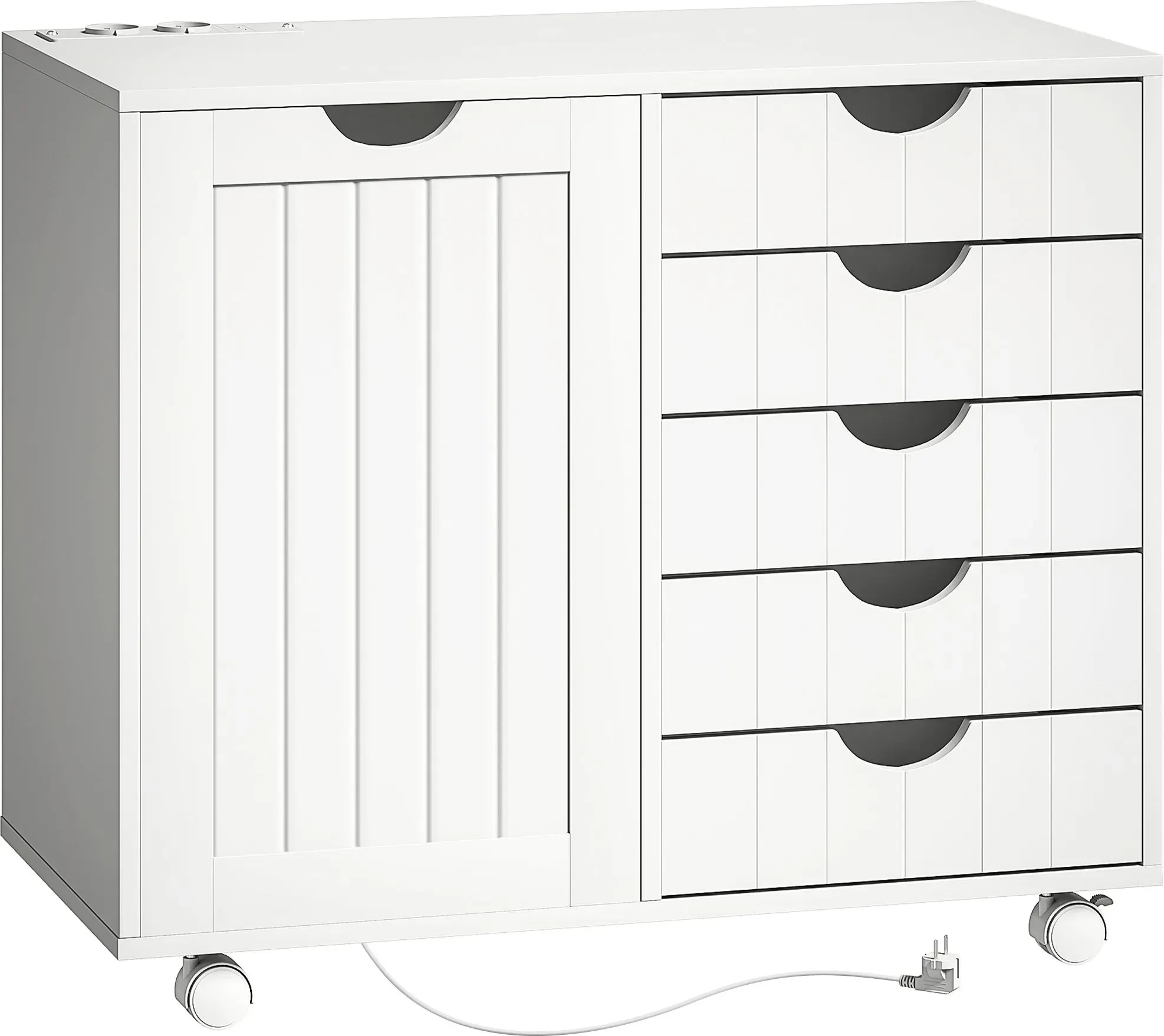 HOMCOM Druckertisch mit integrierter Ladestation und Rollen, Druckerständer mit 5 Schubladen, USB-Ports, verstellbarer Einlegeboden, Weiß   Aosom