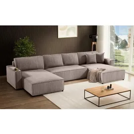 beautysofa Ecksofa Parys U Eckcouch mit Schlaffunktion und Bettkasten U-Form Polsterecke aus Cord-Bezug 390 cm Ecke u-förmig, Farbe: Cappucino, Poso 02 - Hellbraun