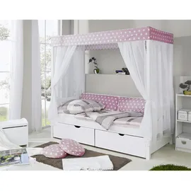 TICAA Himmelbett Lino 90 x 200 cm Kiefer weiß inkl. 2 Schubkästen stern-rosa
