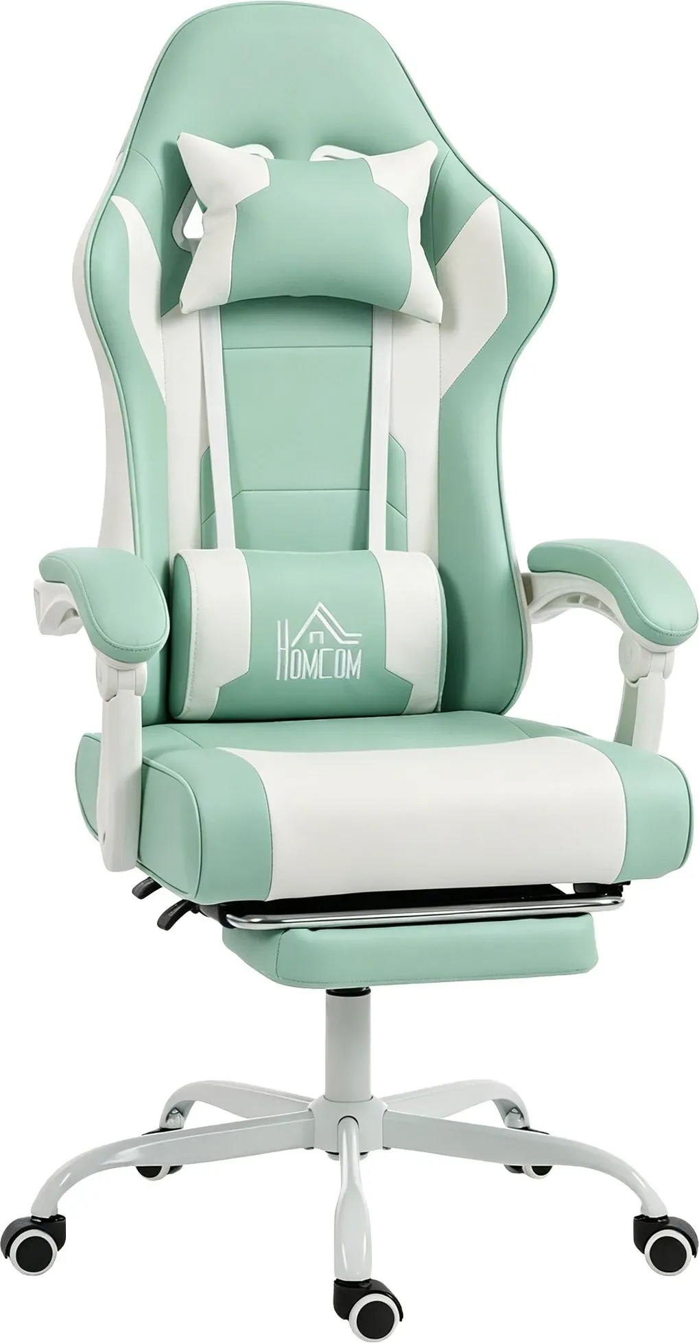 HOMCOM Ergonomischer Gaming-Stuhl, Gamer-Stuhl mit Vibrations-Lendenmassage, 155° verstellbar, Höhenverstellbar, Kopfstütze und ausziehbare Fußstütze, für Büro, Studio, Hellblau   Aosom