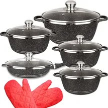 Retoo Topfset 12-teilig Aluminium Keramik Kochgeschirr Kochtopfset Kochtöpfe Kochtopf-Set Töpfe Glasdeckel Durchmesser Schwarz Retoo - Schwarz