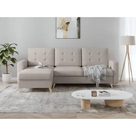 beautysofa Ecksofa VINCI mit Schlaffunktion und Bettkasten, Cappuccino Velo 624, Uniwersalle Ottomane - Creme