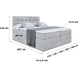 altdecor Boxspringbett BERO KING - 160x200 - H3/H4 - Hellgrau