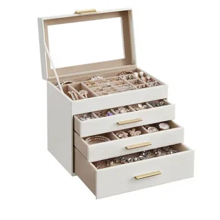 Songmics Schmuckkasten, mit 4 Ebenen, Schmuckbox mit Glasdeckel, 3 Schubladen weiß